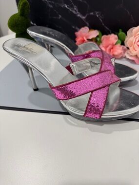 Jacqueline Ferrar Pink Glitter Cross-Strap High Heel Mules